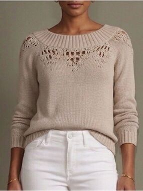 NWOT Heartloom Open-Stitch Yoke Crew Sweater | XS | Taupe/Dusty Rose
